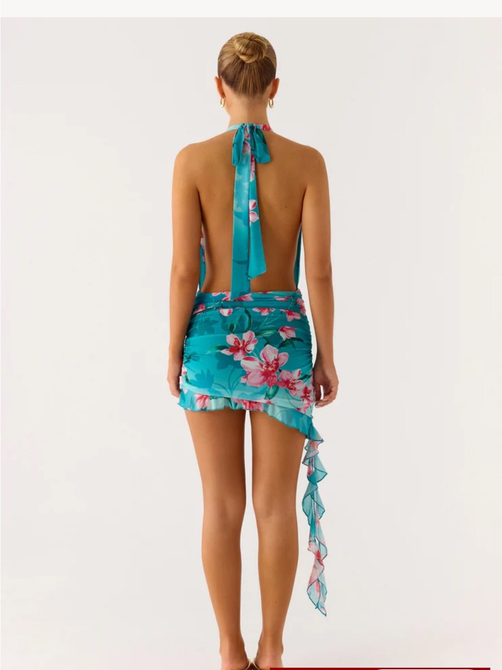 Peppermayo Teal Halter Mini Dress with Pink Floral Print - Picture 2 of 5